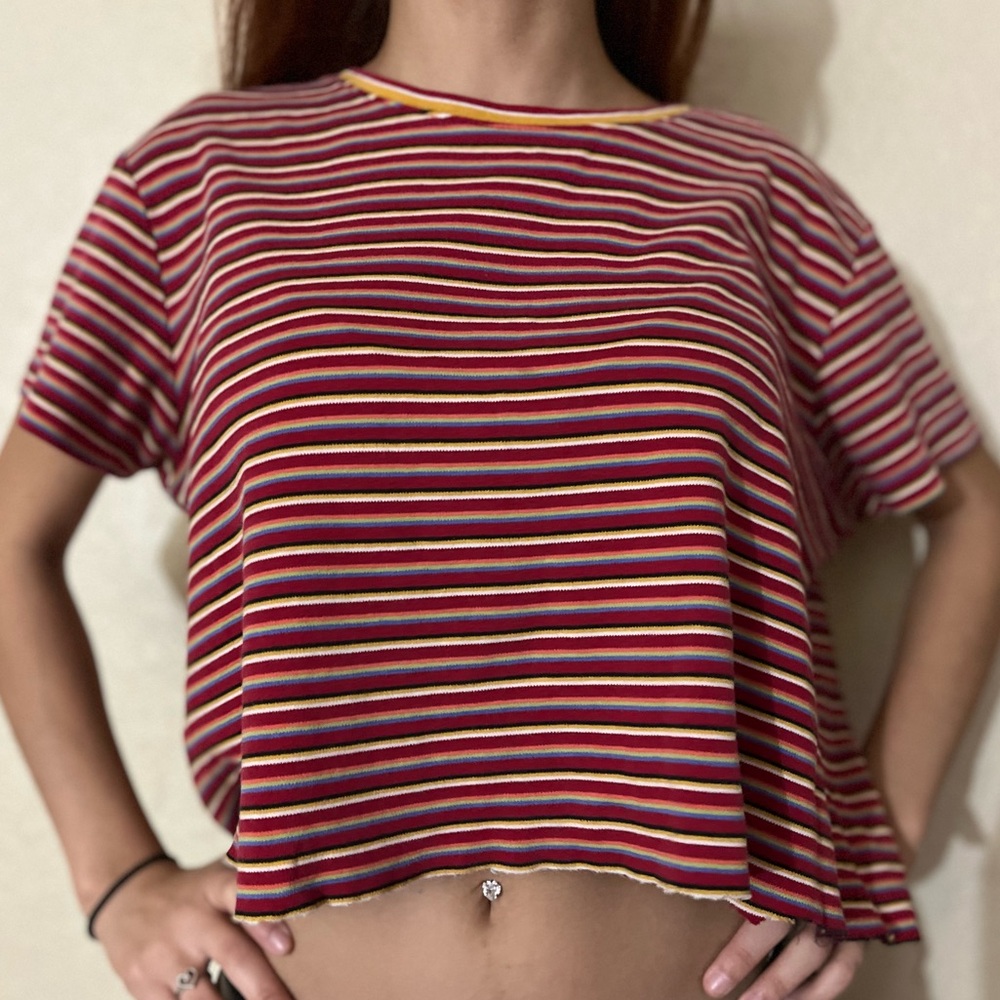 Stylish Striped Short Sleeve Top in Red and Yellow